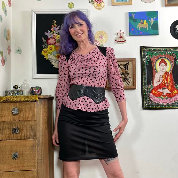 Vintage Dresses & Skirts - Vintage Disco Secretary Dress, Early 1980s Mauve & Black Peplum Mini Sz S